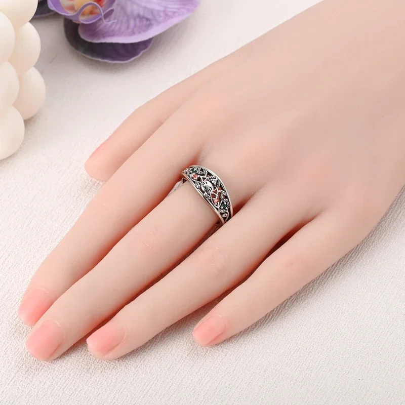 Sparkling Colorful Zircon Night Glow Cat Branch and Leaf 925 Sterling Silver Ring for Women's Fine Jewelry Valentine's Day Gift