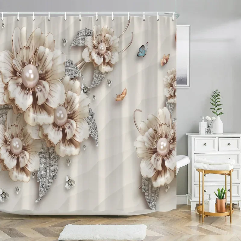 Luxury fashion Pearl bouquet shower curtain elegant diamond fantasy 3D style polyester bath curtains rug set home bathroom decor