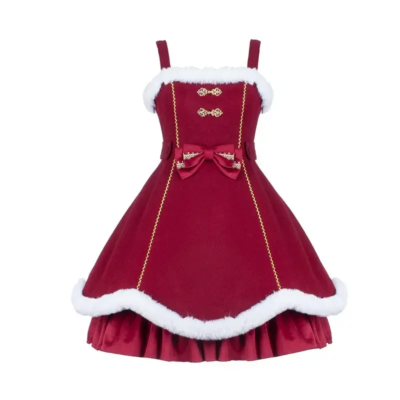 Coalfell Lolita Christmas Clothing War Robe Red Rabbit Fur Coat Autumn and Winter Thick Versatile Lolita Skirt