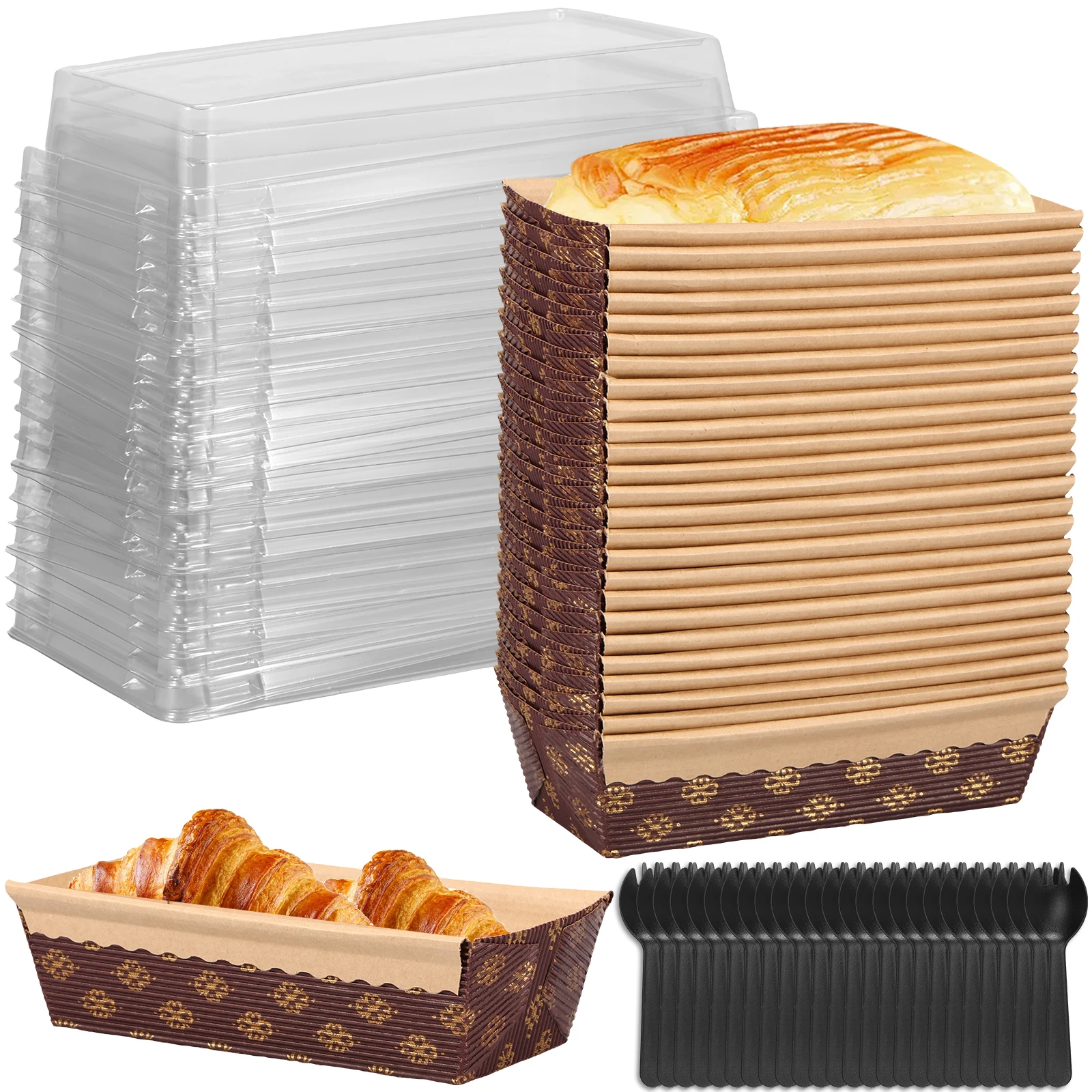 

25 шт. бумажная форма для выпечки, многоразовая бумажная мини-форма для хлеба с крышкой и вилкой, штабелируемая прямоугольная форма для бумаги, коробка для хлеба и торта