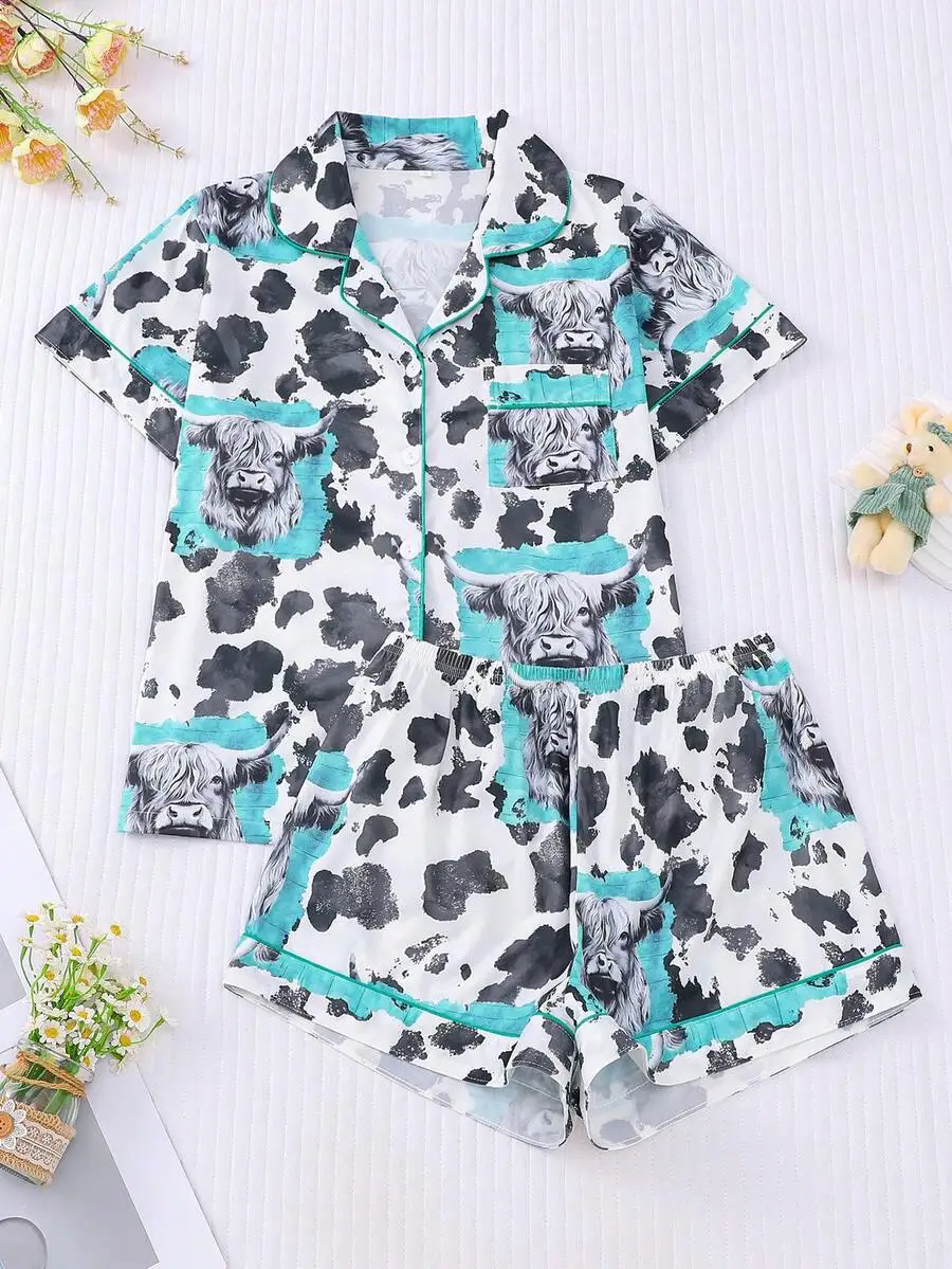

Women Cow Print Pajama Set With Collared Shirt And Elastic Waist Shorts