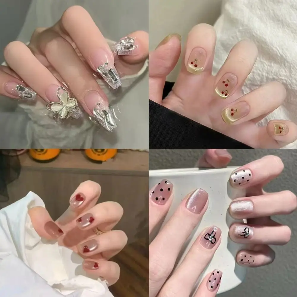 패션 웨어러블 프렌치 페이크 네일 탈부착 가능한 캣아이 인조 손톱 라인스톤 스퀘어 헤드 그라데이션 네일 아트 여성용