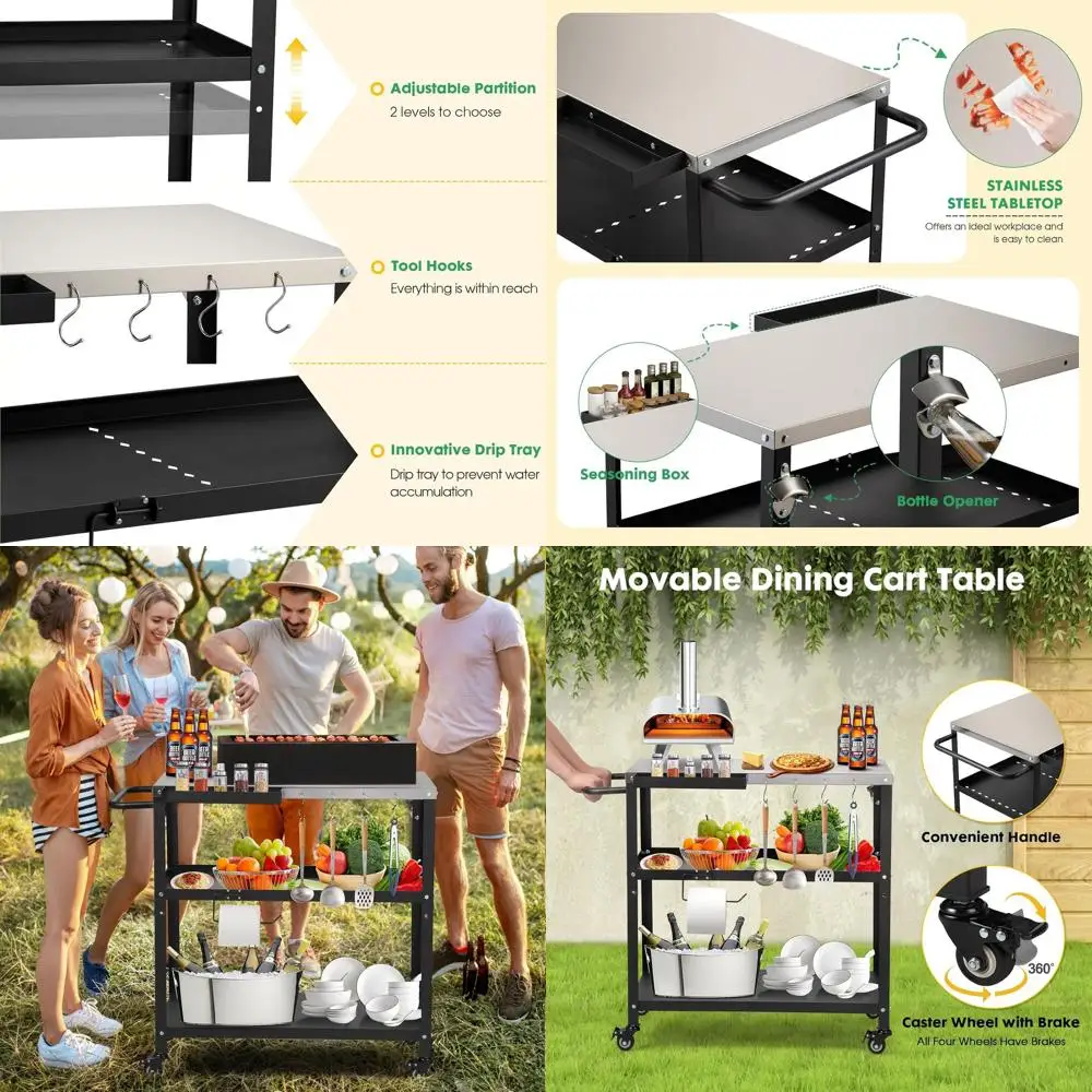 

Versatile Stainless Steel Outdoor Grill & Pizza Oven Table with 4 Lockable Casters, Hooks, and Side Handle (Black)