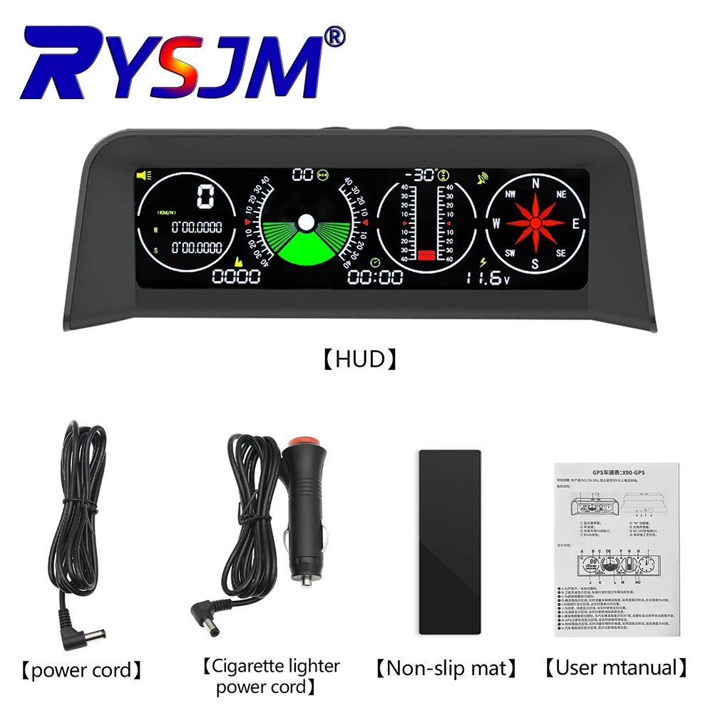 

X90 GPS Speedometer Head Up KMH MPH HUD Slope Meter Inclinometer on-board Computer Car with Car Compass Clock Latitude Longitude