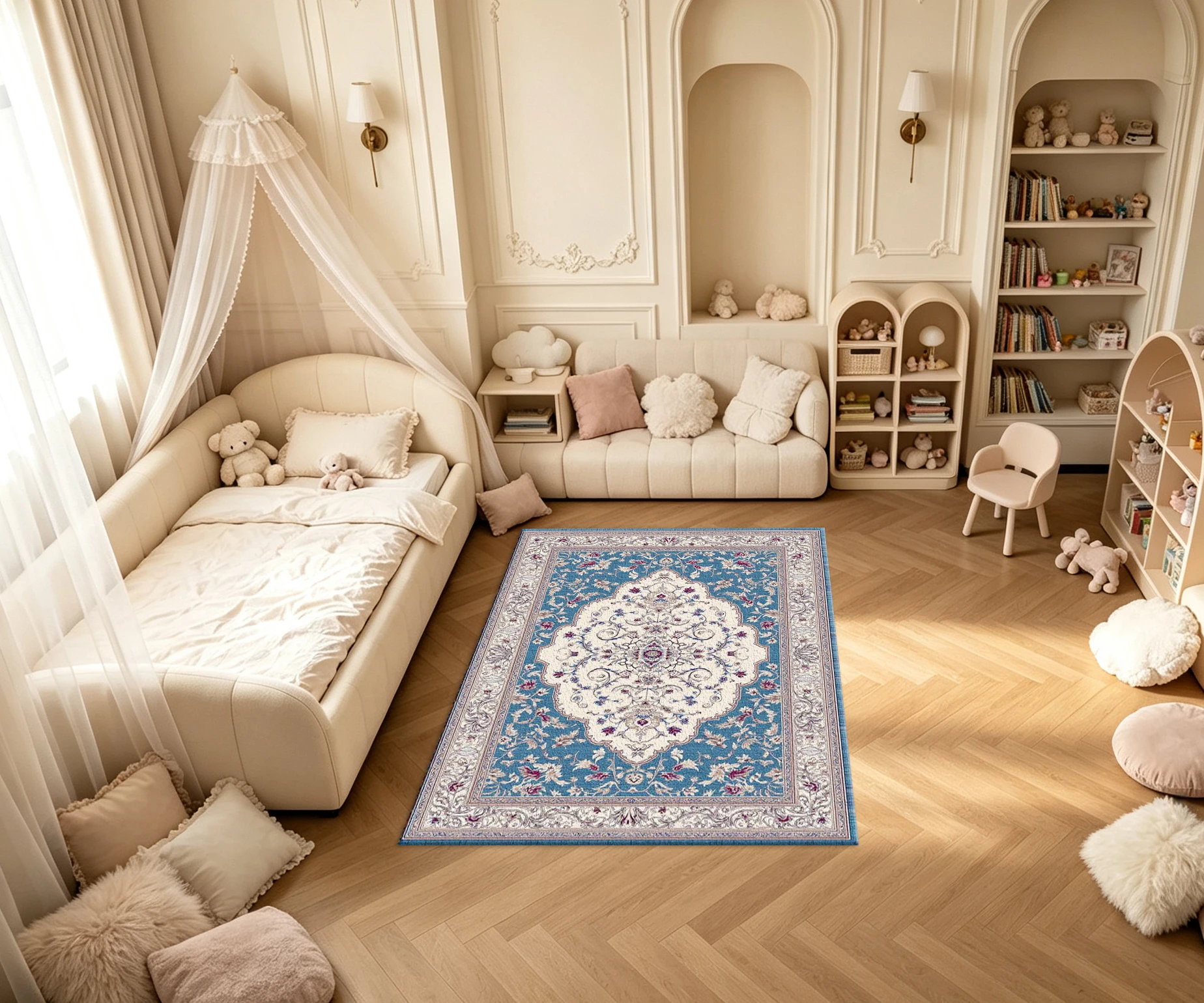 Blue White Vintage Persian Floral Carpet Flooring Classic Oriental Medallion Border Household Indoor Floor Rug