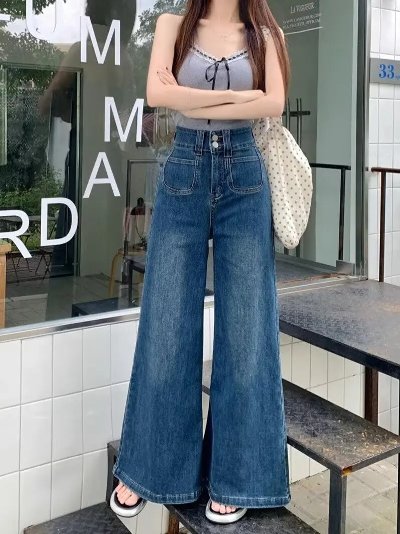 

Брюки Джинсы Молодежная женская одежда Прямой бойфренд Стиль Синий Повседневный Ретро 2000-х годов Американский рваный женский стиль с отверстиями