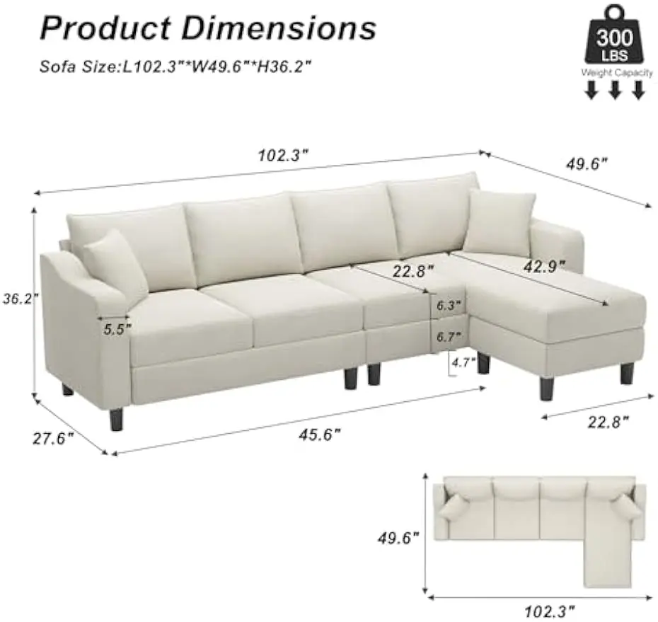 Convertible Sectional Sofa Velvet L Shaped Couch Reversible Sectional Sofa with Chaise 4 Seat Sectional Sofa Velvet, Beige