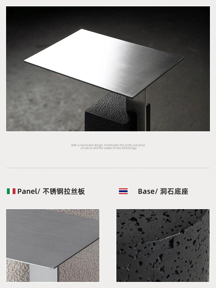 Tavolino stretto minimalista in pietra naturale con foro nero, tavolino da divano dal design retrò, tavolino da caffè di design per letto e colazione