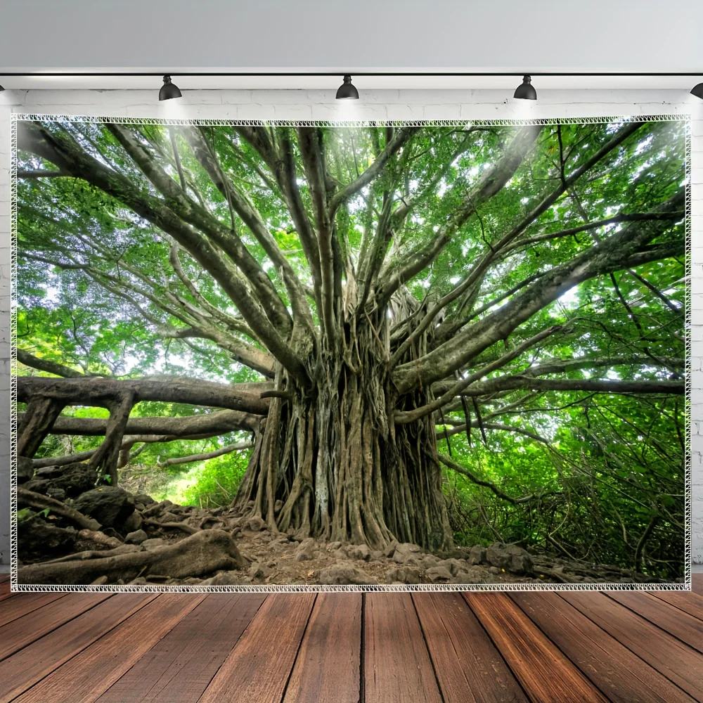 Ancient Banyan Tree Wall Hanging Tapestry, Lush Green Forest Natural Landscape Nature Art Fabric For Indoor Aesthetic Decoration