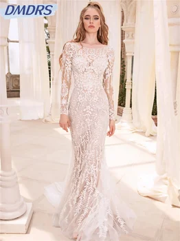 Robe de mariée bohème à col en V sexy, dentelle charmante, robe trapèze, manches longues, longueur au sol, quelle que soit la robe éducative, 2024