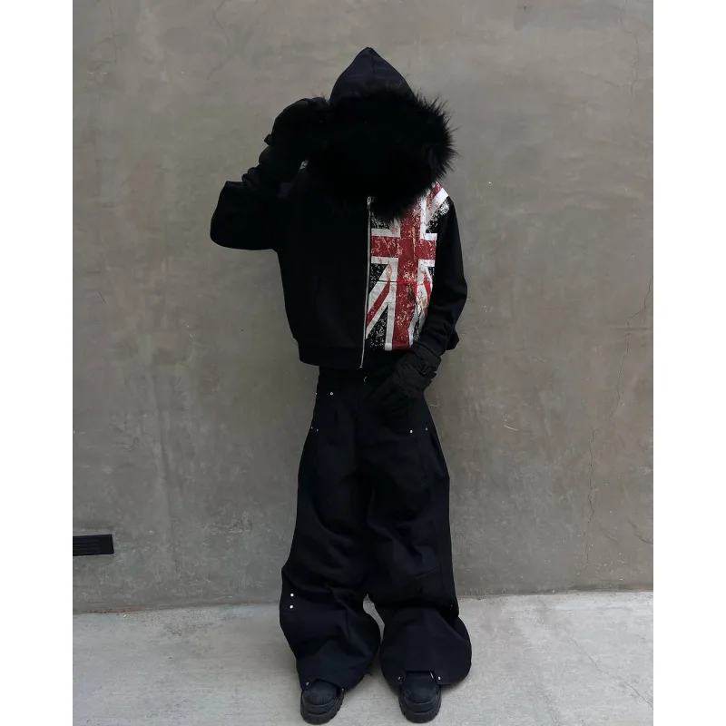 European American ins vintage zip hoodie fur collar print pullover long sleeve y2k street trendy casual sweat outerwear view 2
