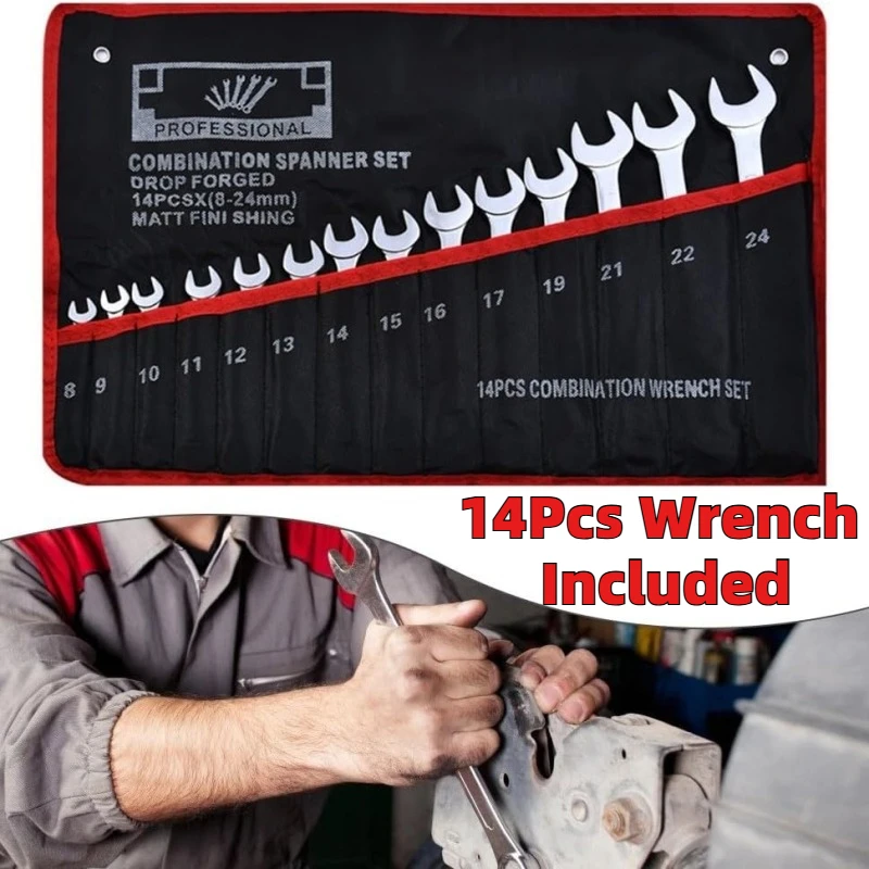 14Pcs Combination Wrench Set 8mm-24mm Ring and Open Ended Wrenches with Tool Storage bag Professional Repair Tools for Mechanics