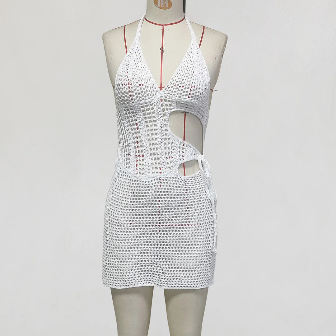 4-farbiges, V-Ausschnitt-Halfter-Kleid mit Ausschnitten, gehäkelt, gestrickt, Tunika, Strandkleid, Strandmode, Strandbekleidung, Strandüberwurf, Damen, V7001 – Detail 9