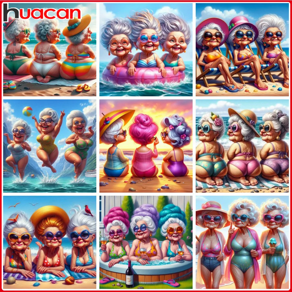 HUACAN Diamond Mosaic Art Painting Beach Scenery Old Lady Diamond Decorative DIY 5D Vacation Gift