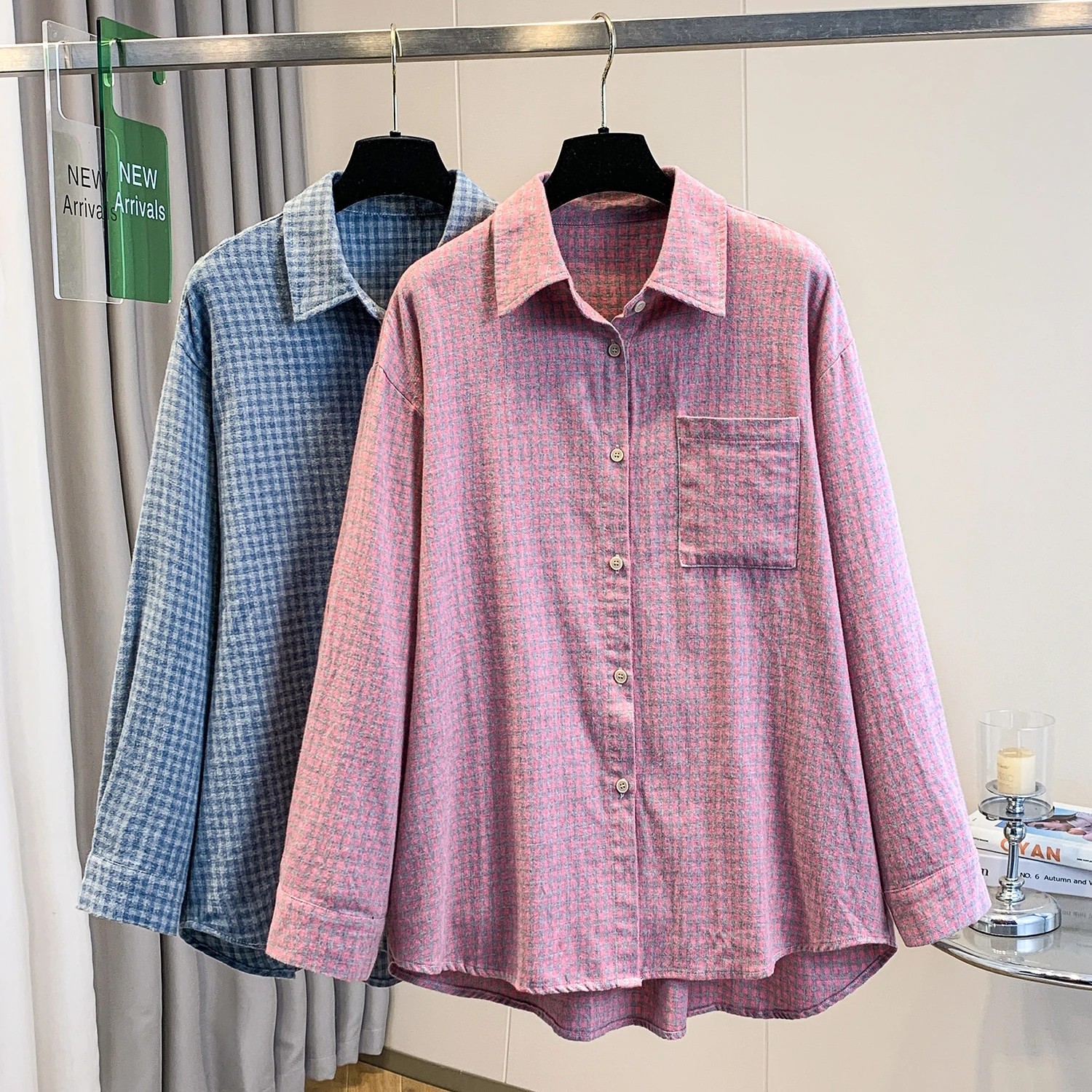 

Loose Casual Plaid Cotton Shirt Women's plus Size Anti-Aging Korean Style Autumn Season Fashionable Inner Wear Regular Sleeve