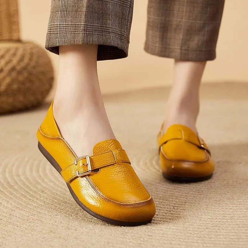 Cowhide Leather Yellow Loafers Woman Handmade Ballet Flats Ladies Mom White Driving Shoes Women Ethnic Inspired Green Moccasins