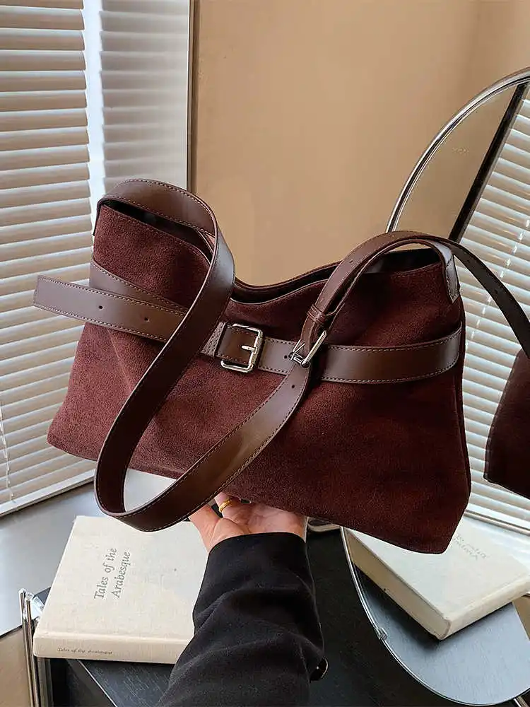 High-grade Vintage Suede Tote Bags For Women New Versatile Temperament Commute Crossbody Bags Fashion Niche Underarm Bags