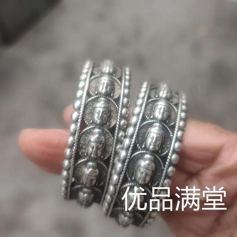 Miao Buddhist , Silver Studio Photography Prop, Vintage Ethnic Carved Bracelet, Hand Jewelry