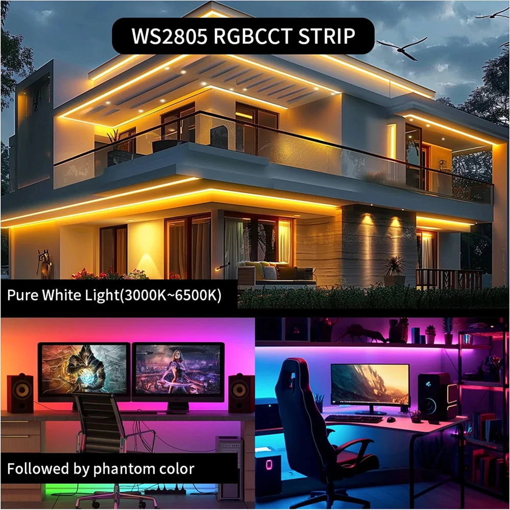 WS2805 بكسل LED قطاع ضوء RGBCCT 5 في 1 أضواء Led قابلة للعنونة إشارة مزدوجة RGB WW CW 3000K-6500K 12V 24V 60LED 1IC إلى 4/6LED