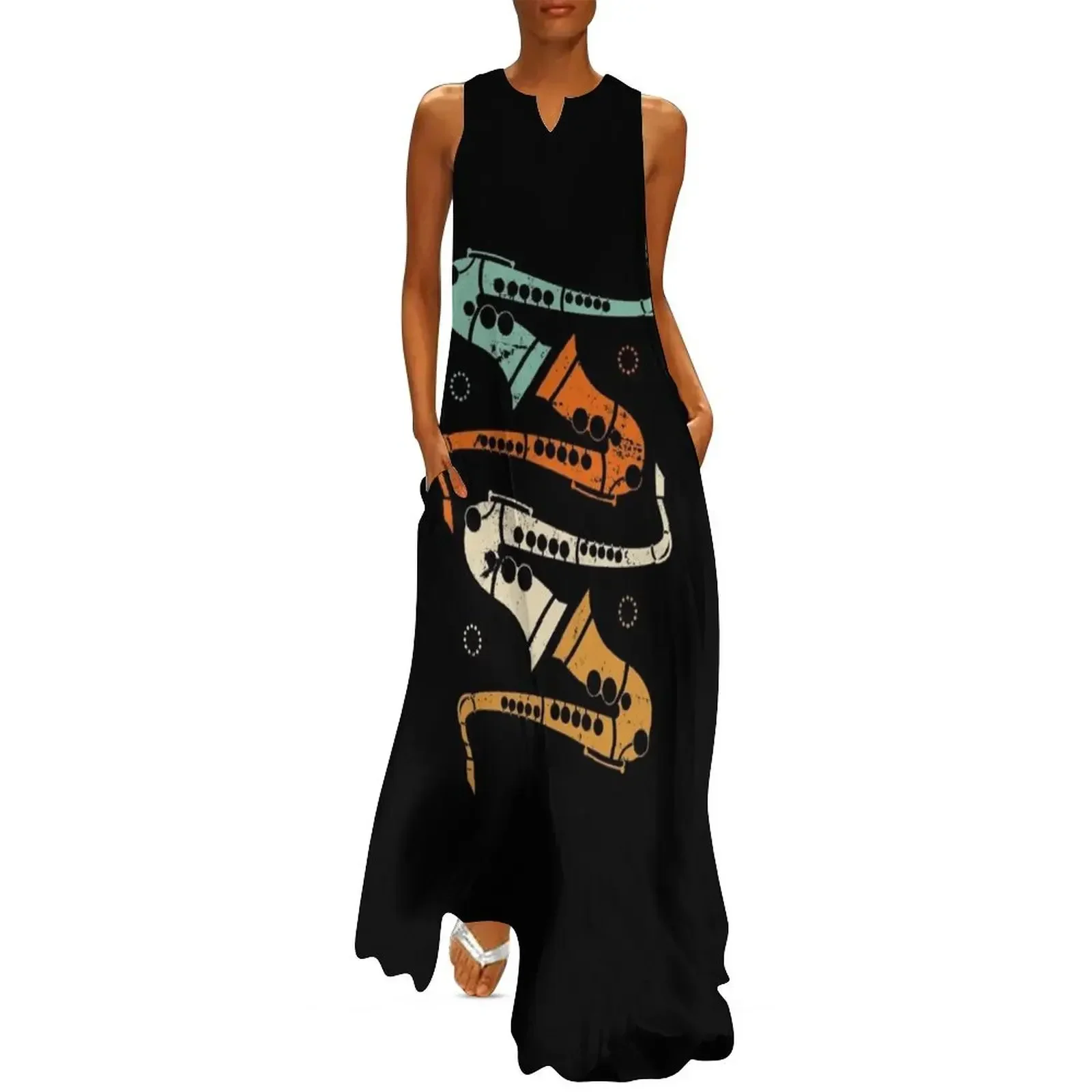 

Retro saxophone Long Dress summer dress daily Dance dresses elegant dress sexy for women