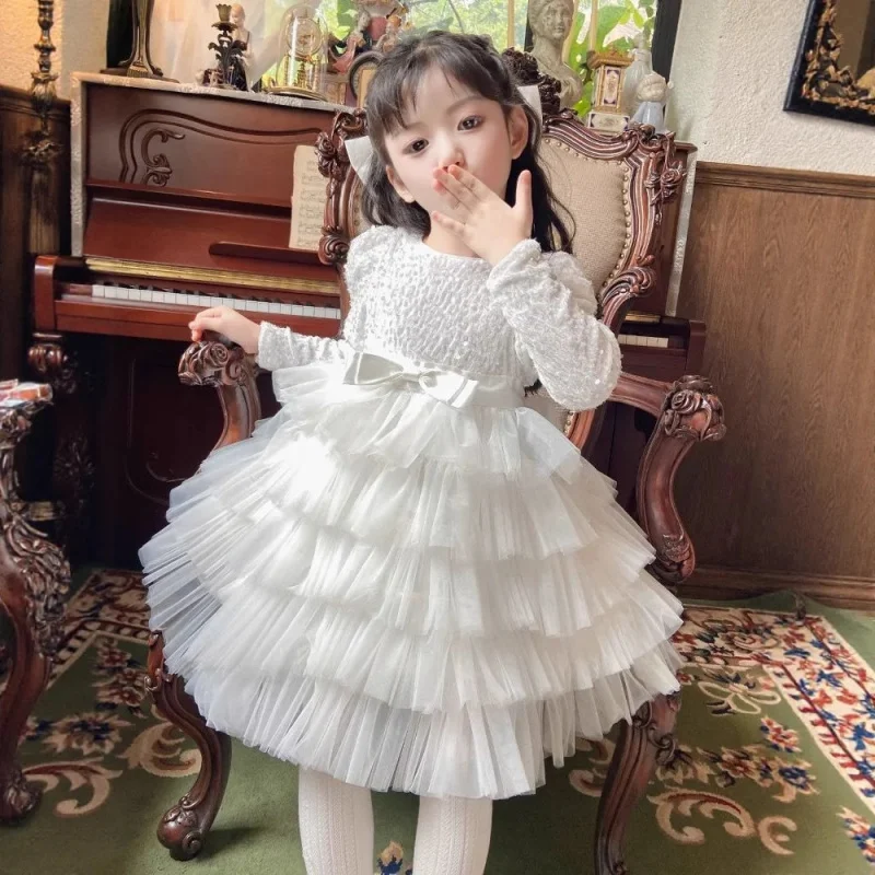 Girls Spring and Autumn Dress2025New white mesh cake dress with bowknot and sequins, sweet princess puffy dress