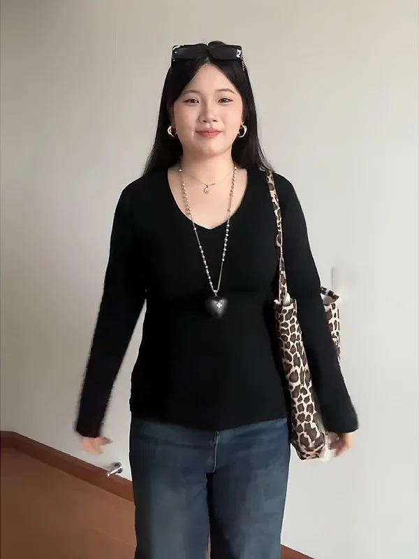 

Женская модная облегающая футболка с V-образным вырезом и длинным рукавом больших размеров, базовая модель для ношения под одеждой, топ для осени и зимы, повседневный стиль