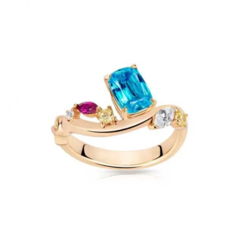 

BELLUX 925 Silver Synthetic Zircon Ring Blue Square Sapphire Four Claw Colorful V-shaped Versatile Ring