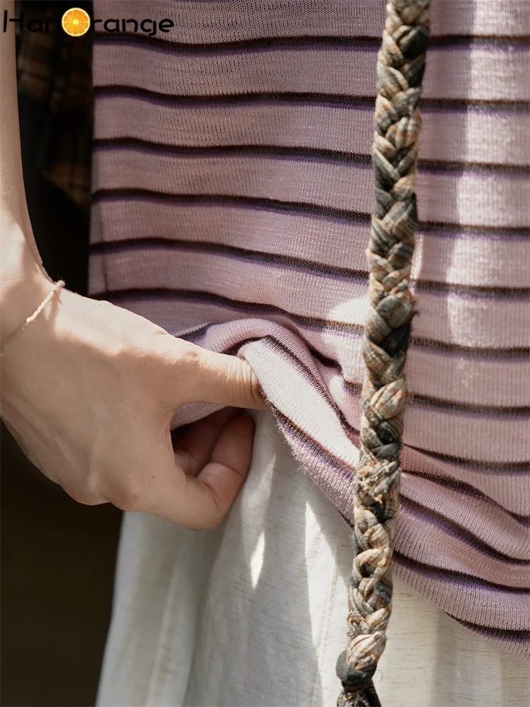 HanOrange 2025 Camiseta de punto a rayas con contraste de dopamina de verano para mujer, camisetas ligeras y transpirables, amarillo/rosa