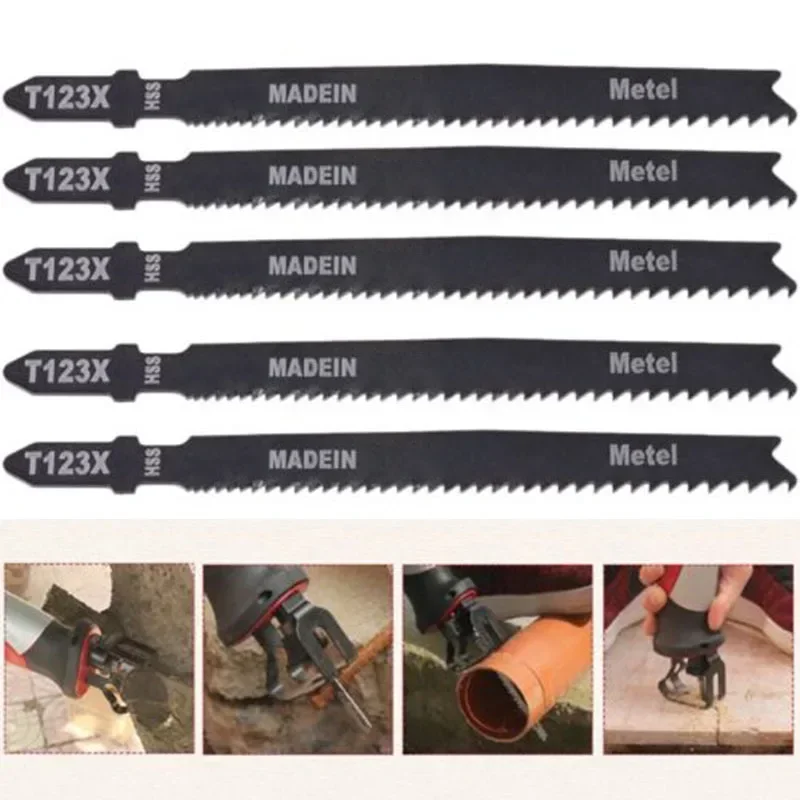 

5pcs Saw Blades T123X 4 Inch High Carbon Steel T-Shank Jigsaw Blades Set For Metal Pipes Wood Cutting High Hardness Durable