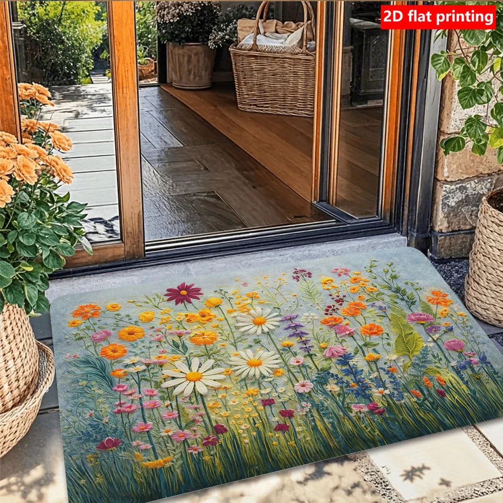 Wildflower Entrance Doormat Vibrant Colorful Meadow Daisy Floral Painting Graphic Rug Cottage Farmhouse Entry Decor Mat