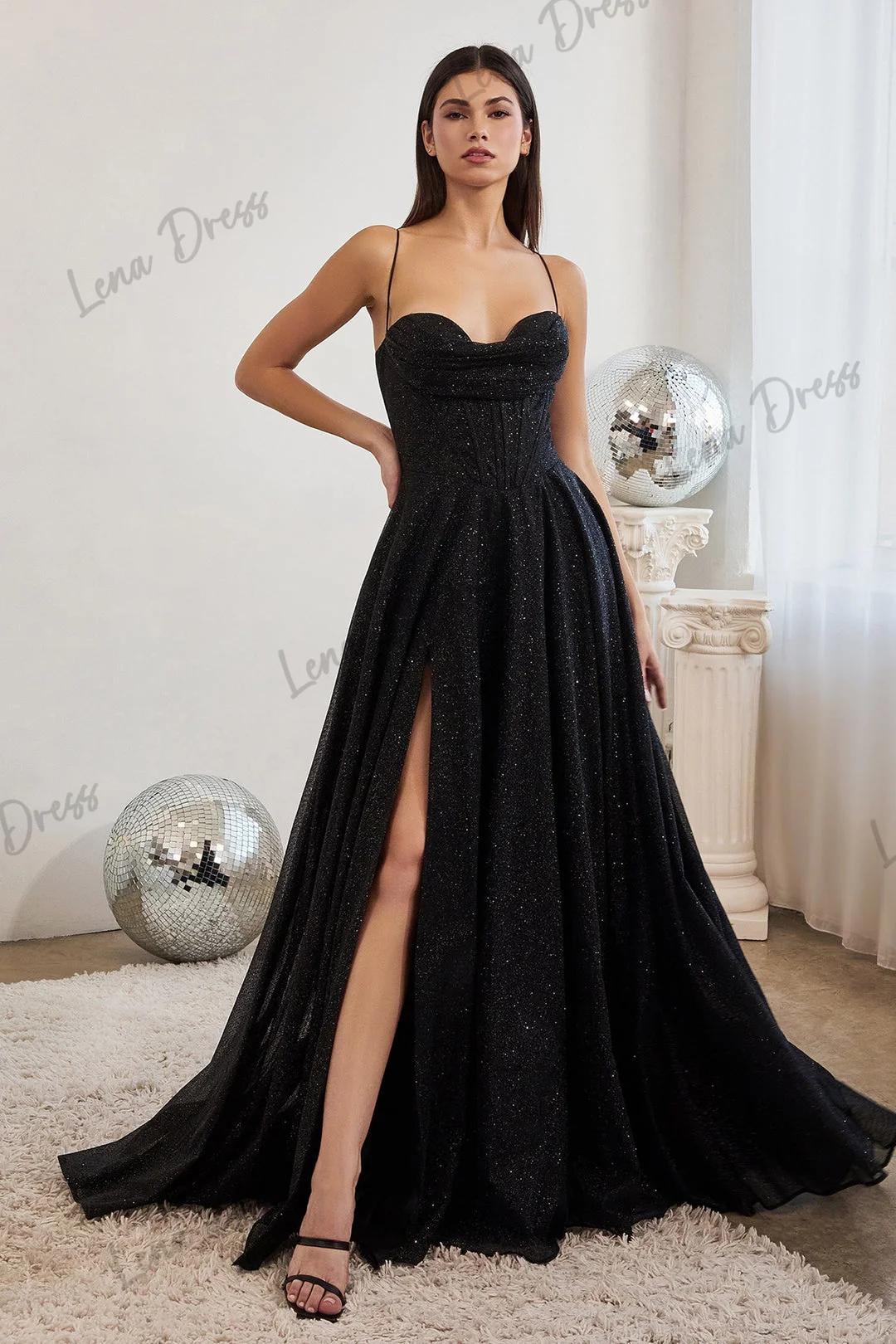 Vestido de baile com fenda lateral Lena para mulheres, festa elegante, serpentina brilhante, vestidos de noite, elegante para casamento, cintas de espaguete, saia longa