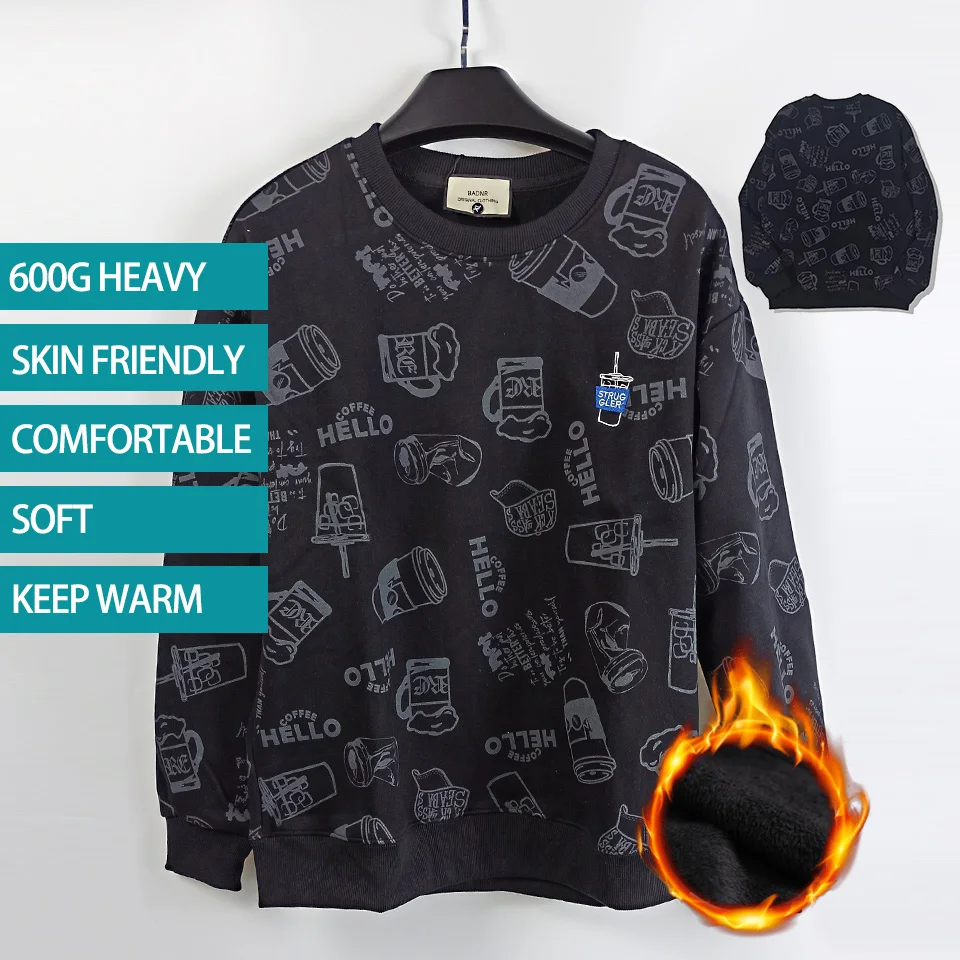

Men's clothing Hello coffee letter pattern printing New Winter 600gHeavy fleece Men Top Sweatshirt Pullover Round Neck black