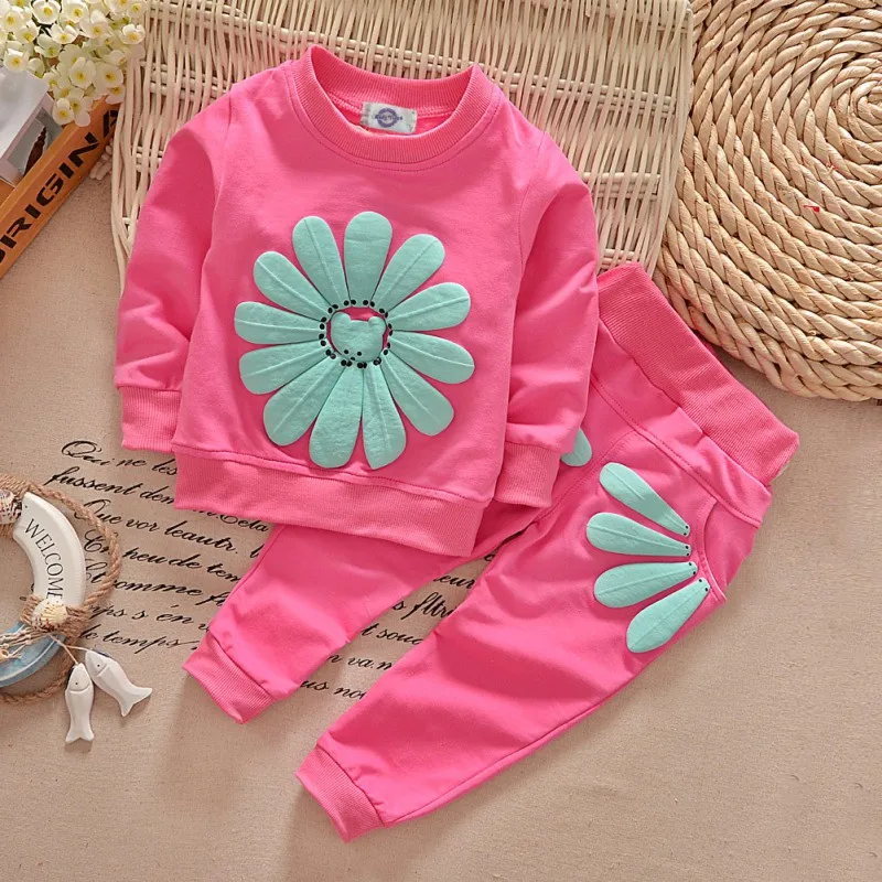 2Pcs Children Suits Girls Cotton Soft Skin-Friendly Breathable Pullover Tops+Pant Suits Casual Sunflower Pattern Sweatshirt Set