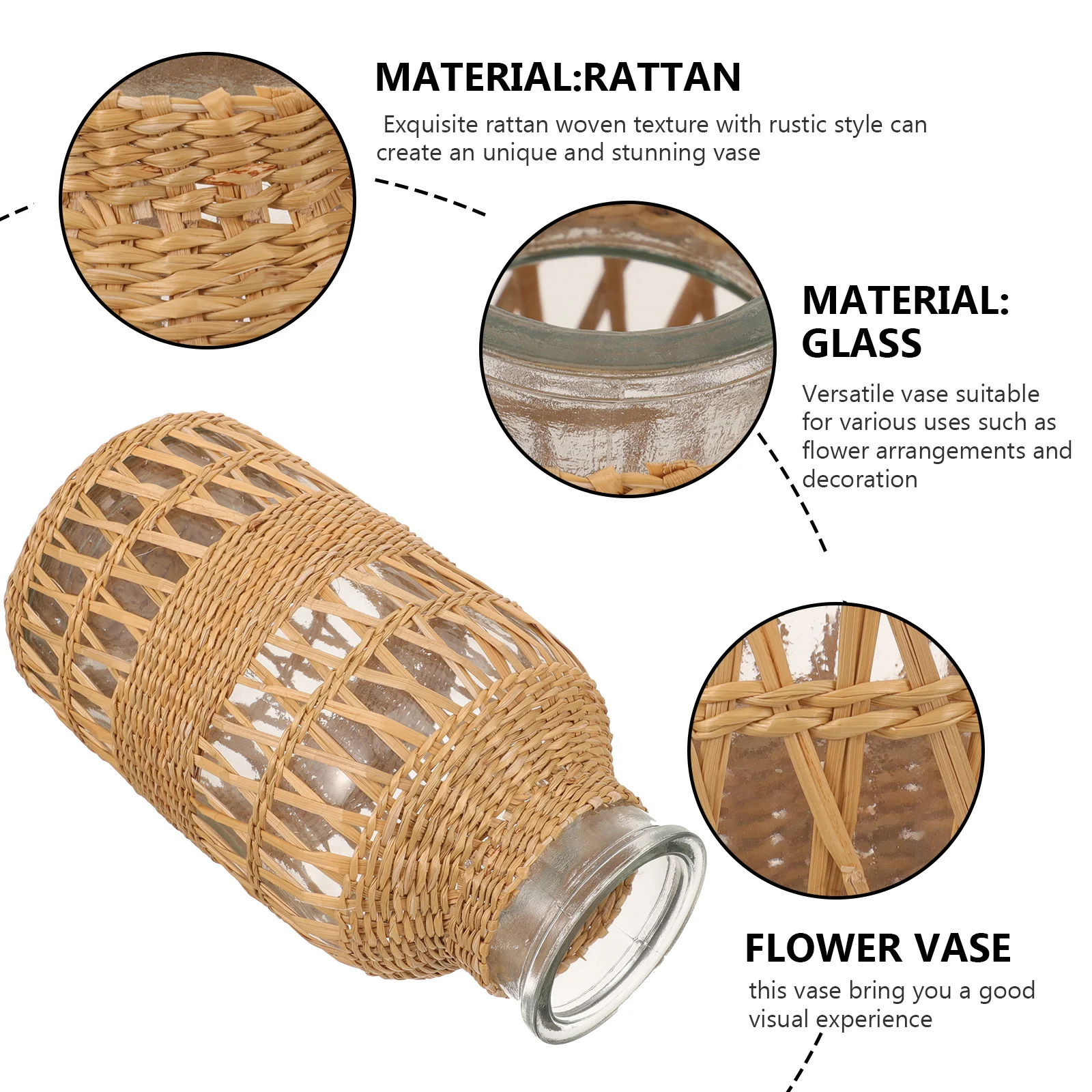 

Hand Woven Rustic Rattan Vase Decorative Clear Glass Cover Flower Arrangement for Home Decoration Rattan Vase Plants Container