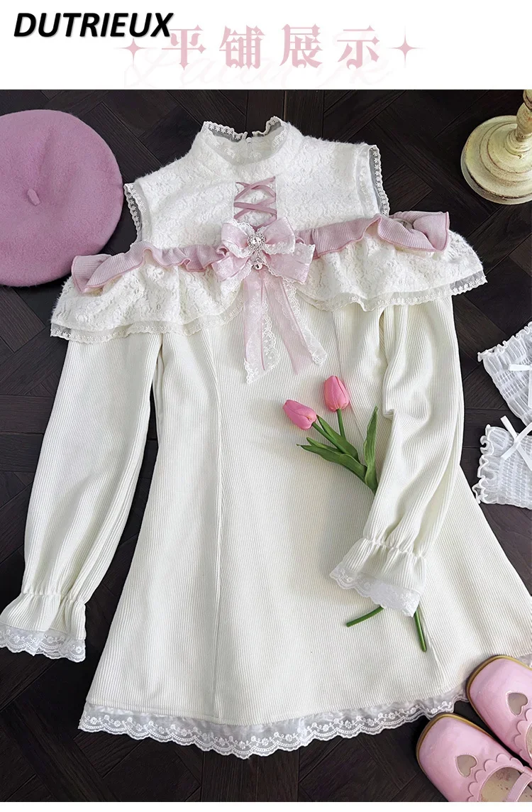 

Original Japanese Spring Autumn New Off-shoulder Long-sleeved Dress Lace Bow Sweet Cute Girls Slim Stand-up Collar Dresses