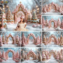 Christmas Candy Wonderland Background Photography for Girl Birthday Gingerbread Arch Door Snowy Backdrop Kid Photo Winter Studio