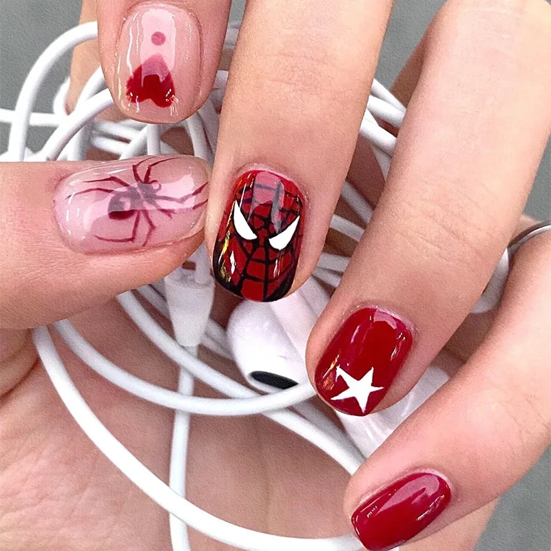 24Pcs Spiderman Printed False Nail Halloween Nail Art Decor Press on Nails for Girl Gifts Short Round Cool Y2K Style Fake Nail