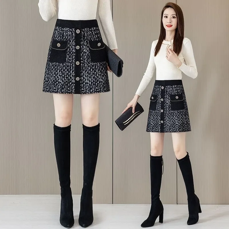 Autumn Winter Temperament Patchwork High Waist A-line Skirt Ladies All-match Fashionable Buttons Slim Thick Skirts Women Skirt