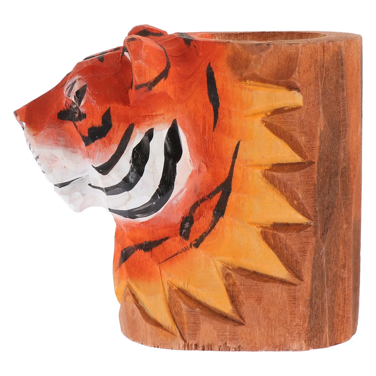 Tiger Pen Holder Wooden Pencil Cup Desk Organizer Home Office School Supplies Round Stationery Storage