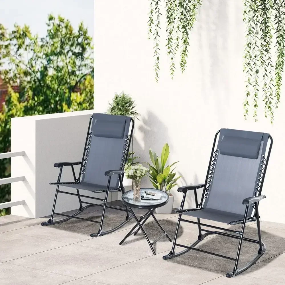 Grey 3-Piece Outdoor Rocking Bistro Set with Glass Table for Patio, Deck, or Backyard