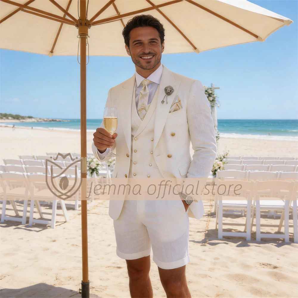 

Men's Custom 3-Piece Linen Suit, Double Breasted Blazer, Vest & Cuffed Shorts for Beach Weddings & Formal Events