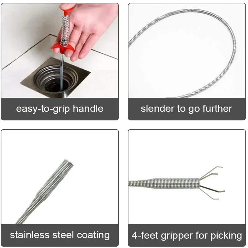 60cm Drain Unclogging Anti-clogging Tool with Grapple Wire Pipe Cleaner Reusable Drain Cleaner  Spring Pipe Unclogging Tool