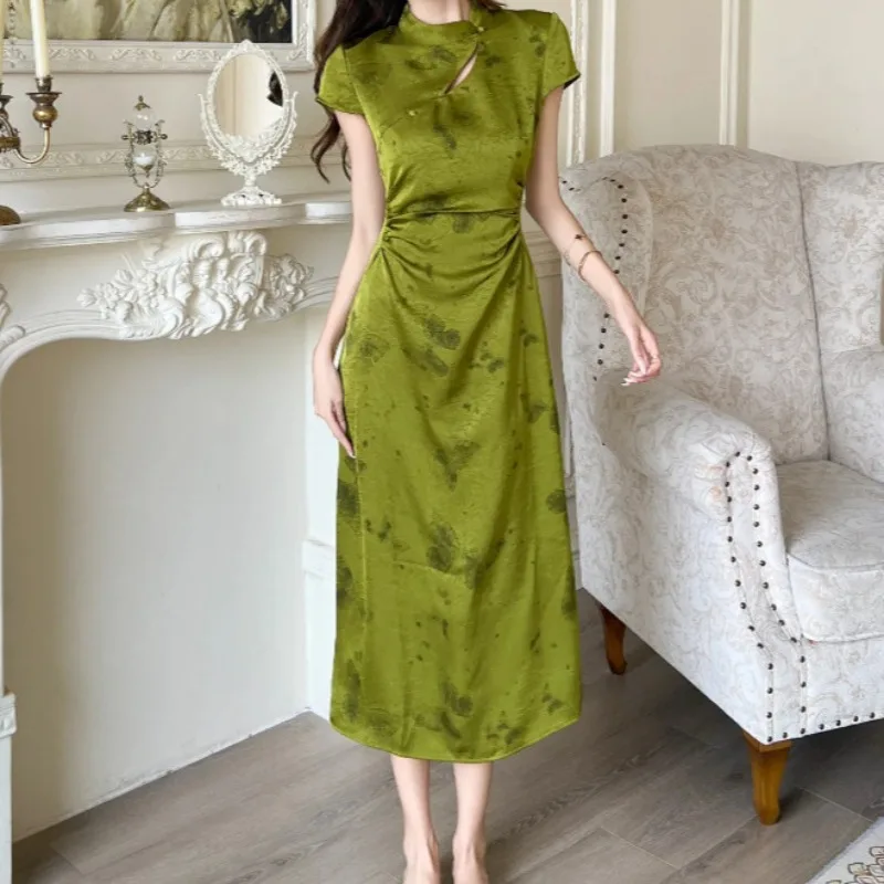 2025 New Retro Green Silk Satin Butterfly Print Qipao Women's Dress Street Temperament Ankle Length Chinese Style Summer Dresses