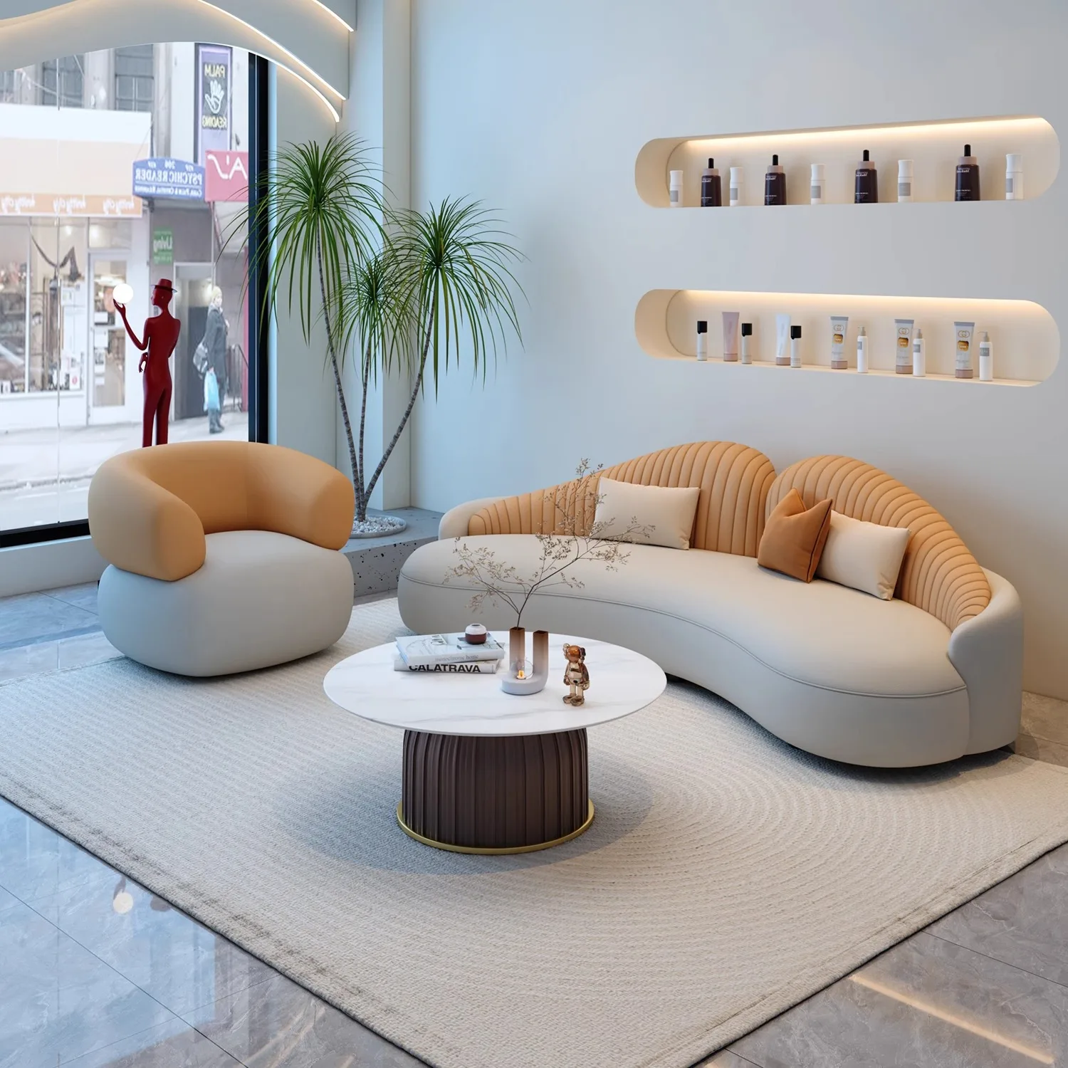 

&c Beauty Salon Network Red Small Luxury Modern Sectional Velvet Apartment Lounge Area Reception Sofa Creative Clothing Shop