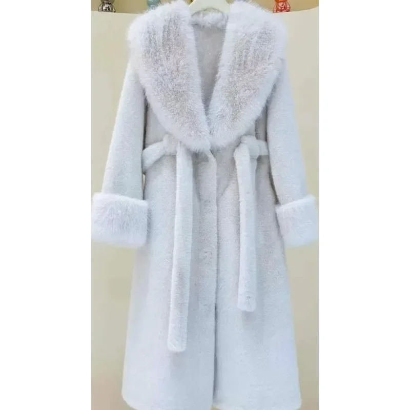 معطف نسائي من الفرو الصناعي مع حزام معطف كاجوال بنقشة الفهد موضة ملابس نسائية دافئة تقليد الثعلب بياقة كبيرة من الفرو سترات طويلة #6