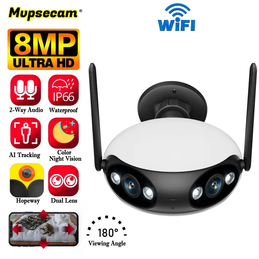 

4K 8MP Dual Lens Wifi IP Camera Outdoor 180° Wide Viewing Angle Panoramic Security Surveillance Camera Wireless CCTV IP Cam P2P