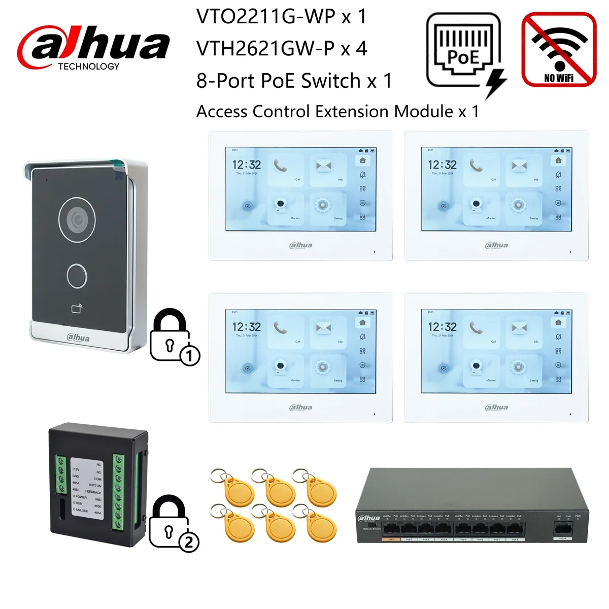 KIT videocitofono IP Dahua controllo 2 serrature, switch VTO2211G-WP e VTH2621G-P e PoE, supporto app telefonica, sblocco scheda RFID