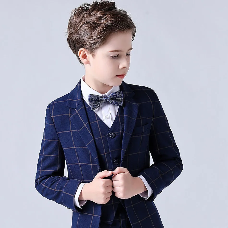 Kids Tuxedo Baby Elegant Performance Outfits Children Young Bowtie Suit Teenager Blue Plaid Pageant Clothes Formal Party Blazer