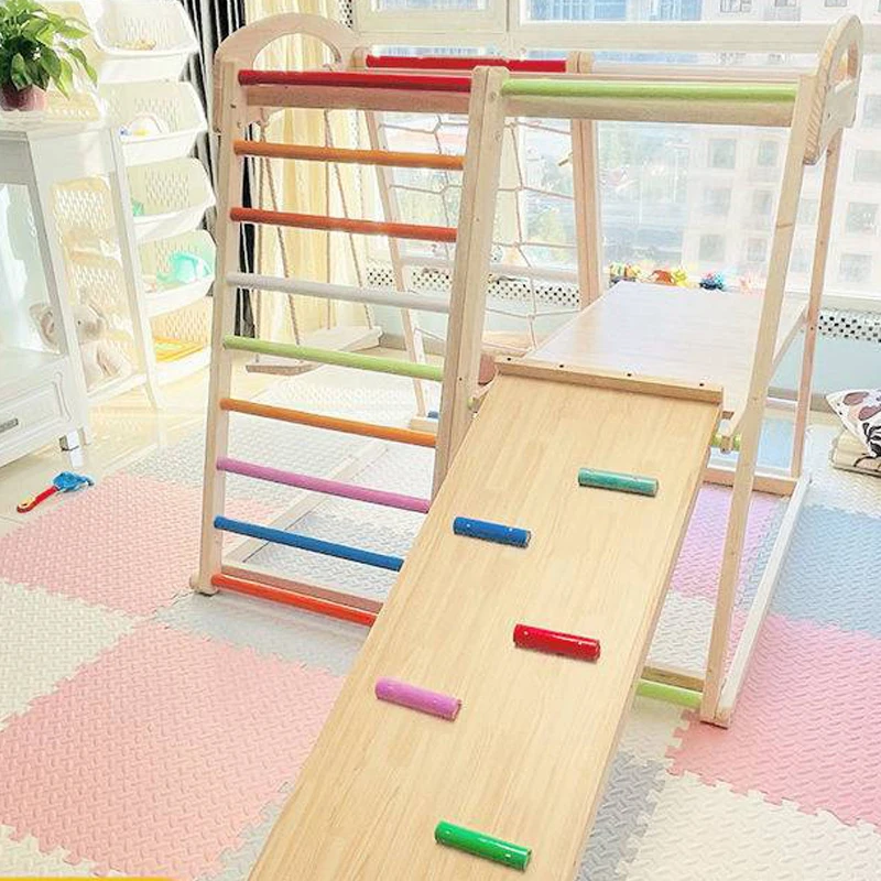 Marco de escalada de golpeador de madera montessori con rampa, marco cuadrado para escalar, gimnasio para niños, interior, plegable para niños pequeños de 2, 3 y 4 años