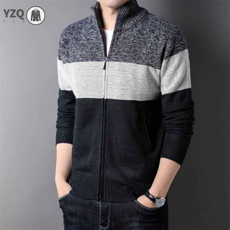 Men's High Collar Long Sleeve Knitted Top Casual Contrast Color Jacket with Velvet Warmth for Autumn Winter Multi-Functional